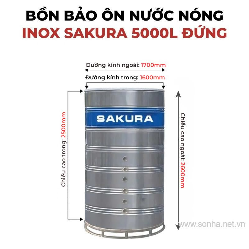 Bồn bảo ôn nước nóng inox Sakura 5000L đứng
