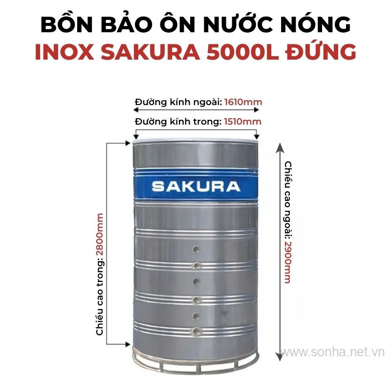Bồn bảo ôn nước nóng inox Sakura 5000L đứng