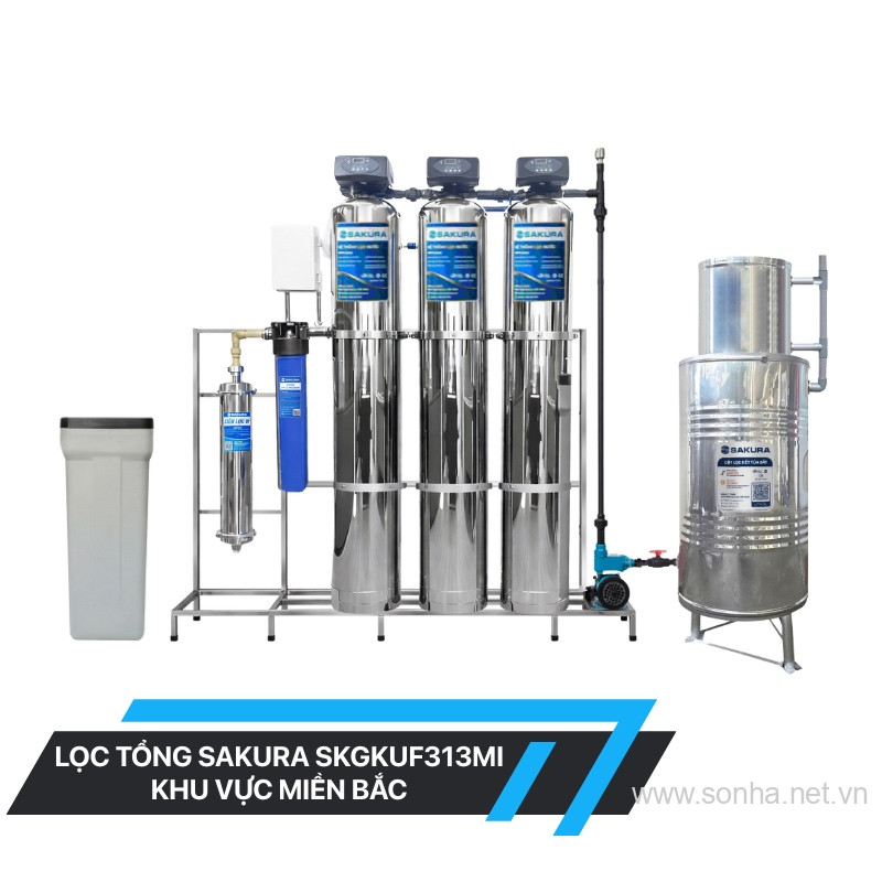 Hệ thống lọc nước giếng khoan inox 304 3 cột xử lý canxi làm mềm nước tự động hoàn nguyên có màng siêu lọc UF Sakura SKGKUF313MI