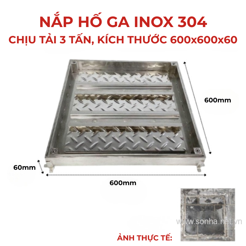 Nắp hố ga inox 304 chống nước, ngăn mùi 600x600x60 - chịu tải 3 tấn