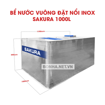  Bể Nước vuông đặt nổi inox Sakura 1000L 