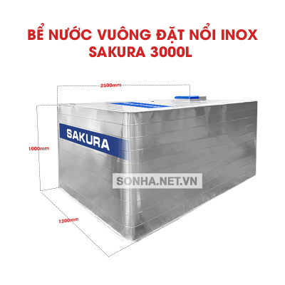  Bể Nước vuông đặt nổi inox Sakura 3000L 