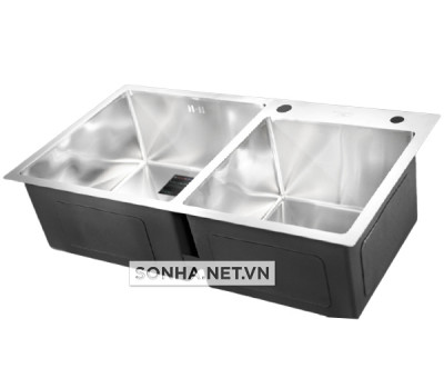 Chậu rửa bát inox Sơn Hà Handmade 2 hố lệch HM.X.2L.82.2.2 (820x450x215mm)