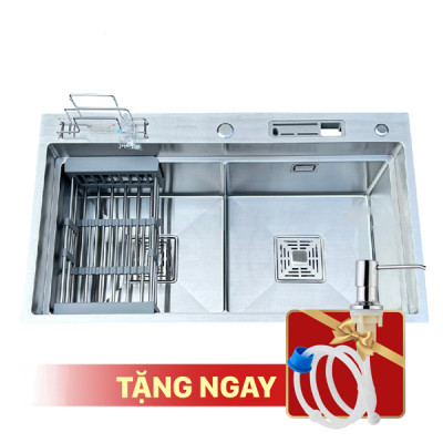 Chậu rửa bát KAGOL K8248-BT-304 CD hai hố bậc thang cân có cài dao cài thớt (820x480x240 mm)