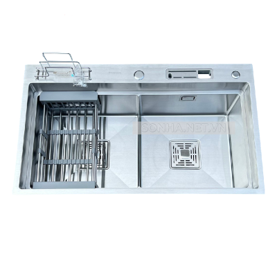 Chậu rửa bát KAGOL K8248-BT-304 CD hai hố bậc thang cân có cài dao cài thớt (820x480x240 mm)