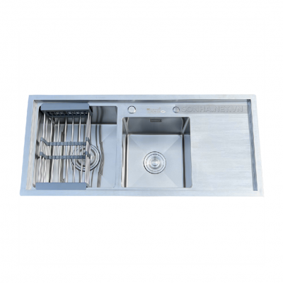 Chậu rửa bát KAGOL K10045-BT 304 hai hố lệch bậc thang, có bàn (1000x450x240 mm)