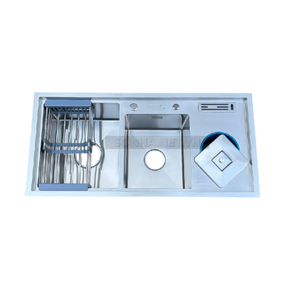 Chậu rửa bát KAGOL K10048-BT 304 hai hố lệch bậc thang, có bàn, cài dao, hố rác (1000x480x240 mm)