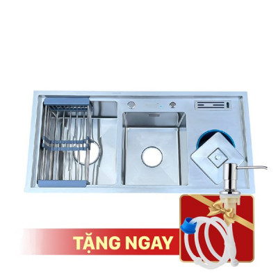 Chậu rửa bát KAGOL K10048-BT 304 hai hố lệch bậc thang, có bàn, cài dao, hố rác (1000x480x240 mm)