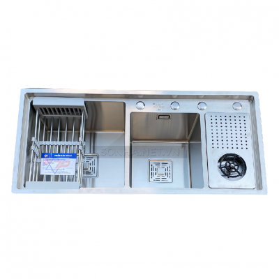 Chậu rửa bát KAGOL K10046-BTL 304 hai hố lệch bậc thang, có phụ kiện rửa cốc (1000x460x240 mm)