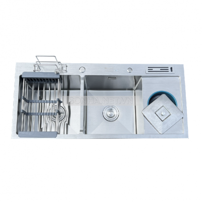 Chậu rửa bát KAGOL K10045-RD 304 hai hố cân,có bàn cài dao-thớt, hố rác (1000x450x240 mm)