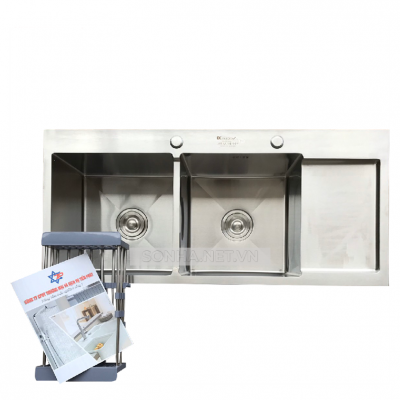 Chậu rửa bát KAGOL K10045 hai hố cân, có bàn, inox 201 (1000x450x240 mm)