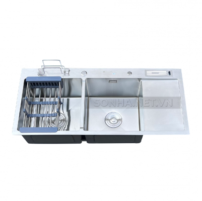 Chậu rửa bát KAGOL K10045-CD hai hố cân, có bàn, cài dao, cài thớt, inox 201 (1000x450x240 mm)
