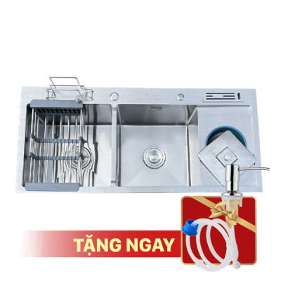  Chậu rửa bát KAGOL K10045-DR hai hố cân,có bàn cài dao-thớt, hố rác inox 201 (1000x450x240 mm)