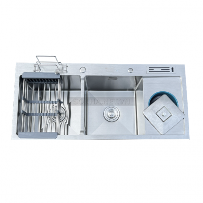 Chậu rửa bát KAGOL K10045-DR hai hố cân,có bàn cài dao-thớt, hố rác inox 201 (1000x450x240 mm)