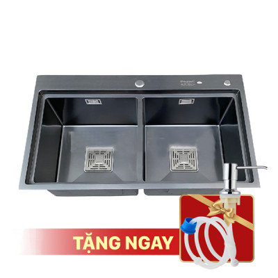 Chậu rửa bát KAGOL HND8248-BT hai hố cân Nano đen bậc thang (820x480x240 mm)