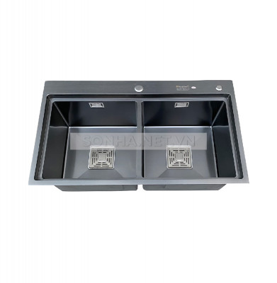 Chậu rửa bát KAGOL HND8248-BT hai hố cân Nano đen bậc thang (820x480x240 mm)