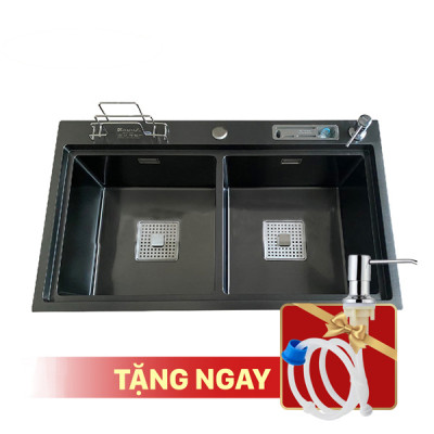 Chậu  rửa bát KAGOL KND8248 BT-CD hai hố cân Nano đen bậc thang cài dao - cài thớt (820x480x240 mm)