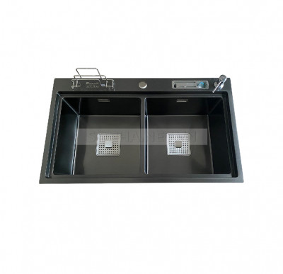 Chậu  rửa bát KAGOL KND8248 BT-CD hai hố cân Nano đen bậc thang cài dao - cài thớt (820x480x240 mm)