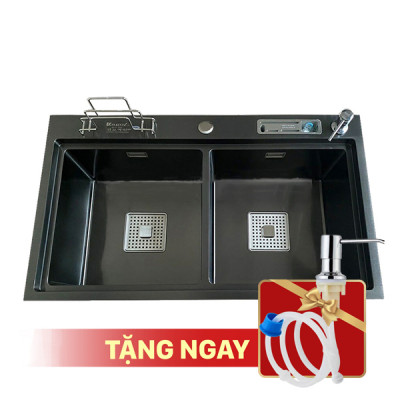 Chậu rửa bát KAGOL HND8248 VN-CD hai hố cân Nano đen bậc thang cài dao - cài thớt vách nhỏ (820x480x240mm)