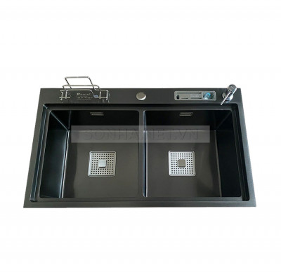Chậu rửa bát KAGOL HND8248 VN-CD hai hố cân Nano đen bậc thang cài dao - cài thớt vách nhỏ (820x480x240mm)