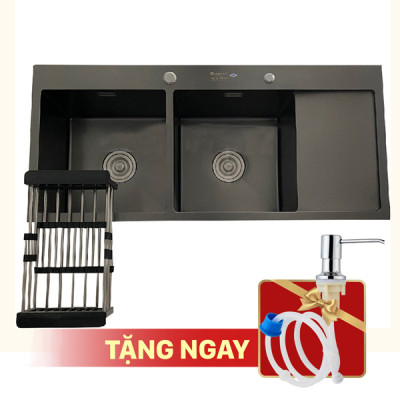 Chậu rửa bát KAGOL KND10045 hai hố cân Nano đen, có bàn (1000x450x240 mm)