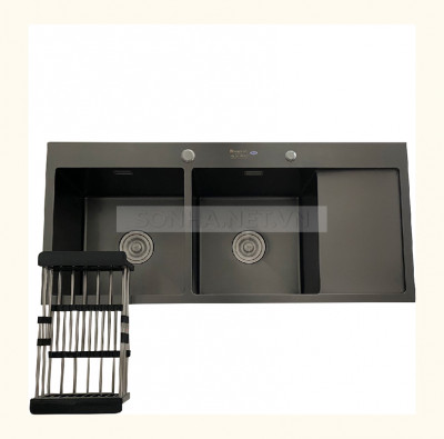 Chậu rửa bát KAGOL KND10045 hai hố cân Nano đen, có bàn (1000x450x240 mm)