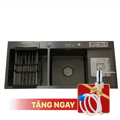 Chậu rửa bát KAGOL KND10045-RD hai hố cân Nano, có bàn cài dao-thớt, hố rác (1000x450x240 mm)