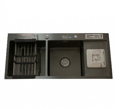 Chậu rửa bát KAGOL KND10045-RD hai hố cân Nano, có bàn cài dao-thớt, hố rác (1000x450x240 mm)