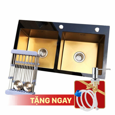 Chậu rửa bát KAGOL HK8245-Cân vàng hai hố cân kính cường lực Nano vàng (820x450x240 mm)