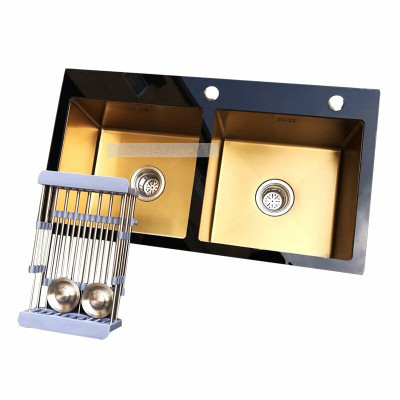 Chậu rửa bát KAGOL HK8245-Cân vàng hai hố cân kính cường lực Nano vàng (820x450x240 mm)