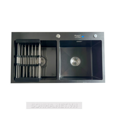 Chậu rửa bát KAGOL KND8245 hai hố cân Nano đen (820x450x240 mm)