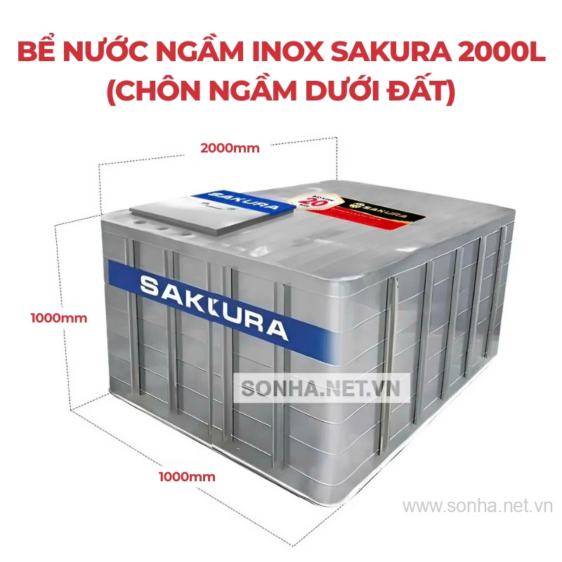 Bồn Nước Ngầm Inox Sakura 2000L (Chôn Ngầm Dưới Đất)