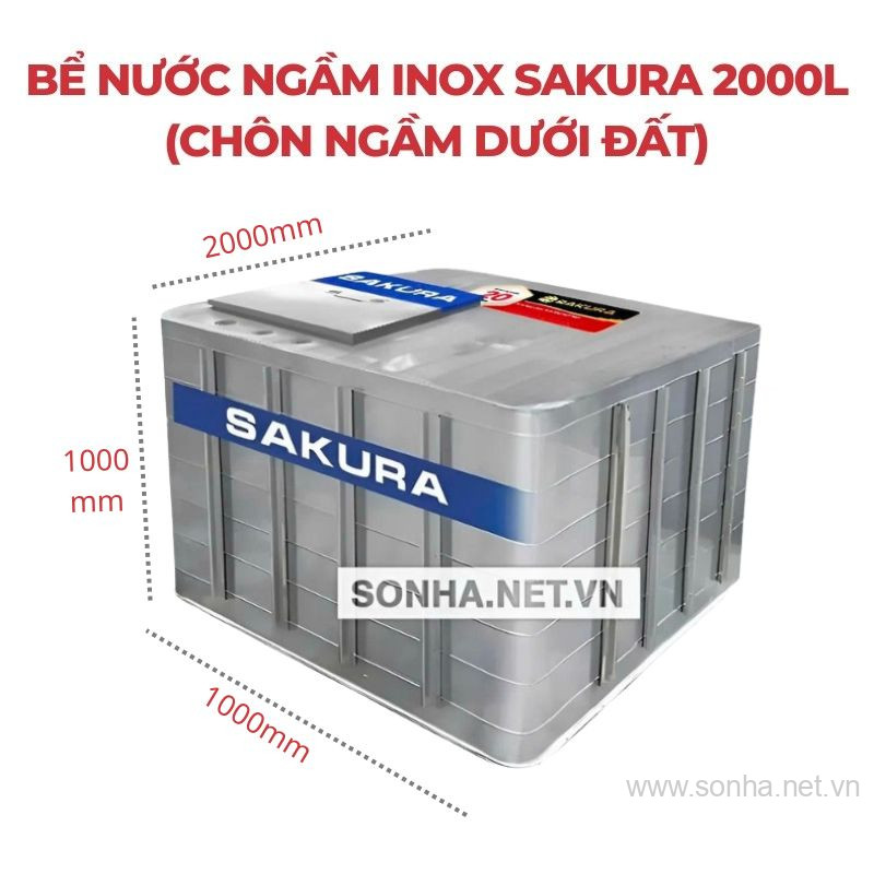Bồn Nước Ngầm Inox Sakura 2000L (Chôn Ngầm Dưới Đất)
