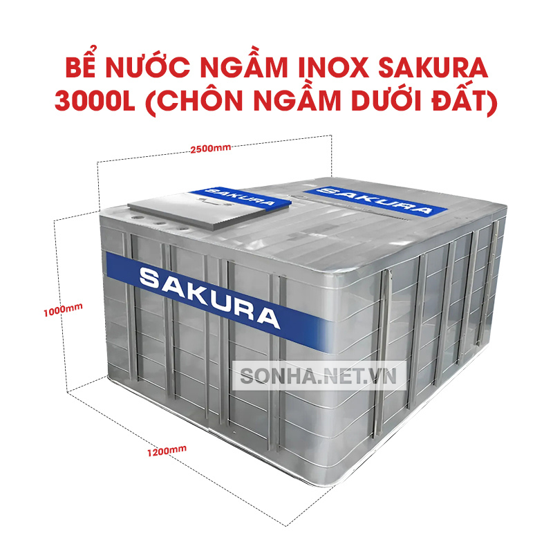 Bể Nước Ngầm Inox Sakura 3000L (Chôn Ngầm Dưới Đất)