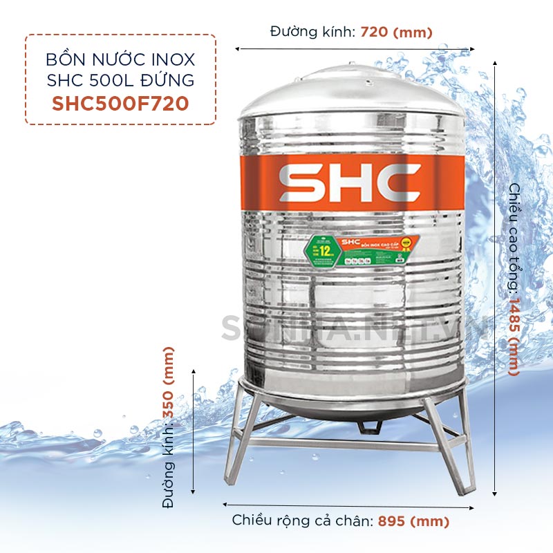 Bồn nước Inox SHC 500L đứng - SHC500F720