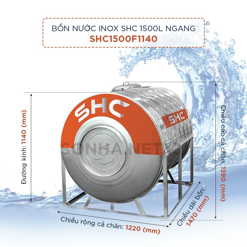 Hình ảnh bồn nước inox SHC 1500L ngang (Φ1140)