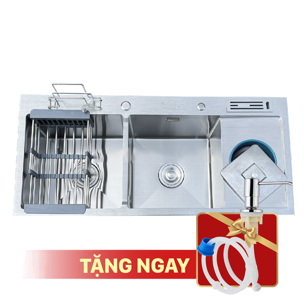 Chậu rửa bát KAGOL K10045-RD 304 hai hố cân,có bàn cài dao-thớt, hố rác (1000x450x240 mm)