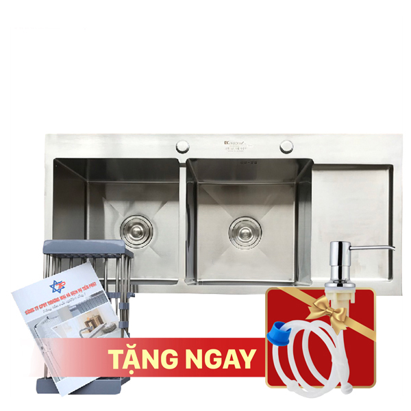 Chậu rửa bát KAGOL K10045 hai hố cân, có bàn, inox 201 (1000x450x240 mm)