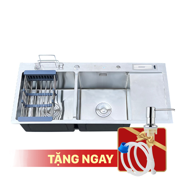 Chậu rửa bát KAGOL K10045-CD hai hố cân, có bàn, cài dao, cài thớt, inox 201 (1000x450x240 mm)